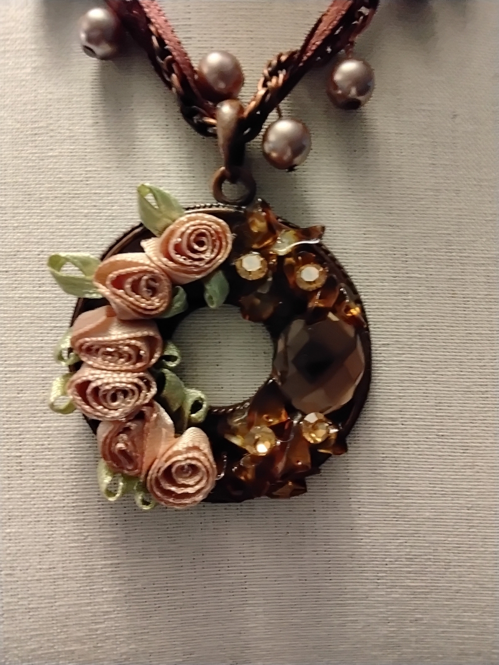 Custom  Made Rose Wreath Pendant Necklace - Brown and Pink - Picture 3 of 5